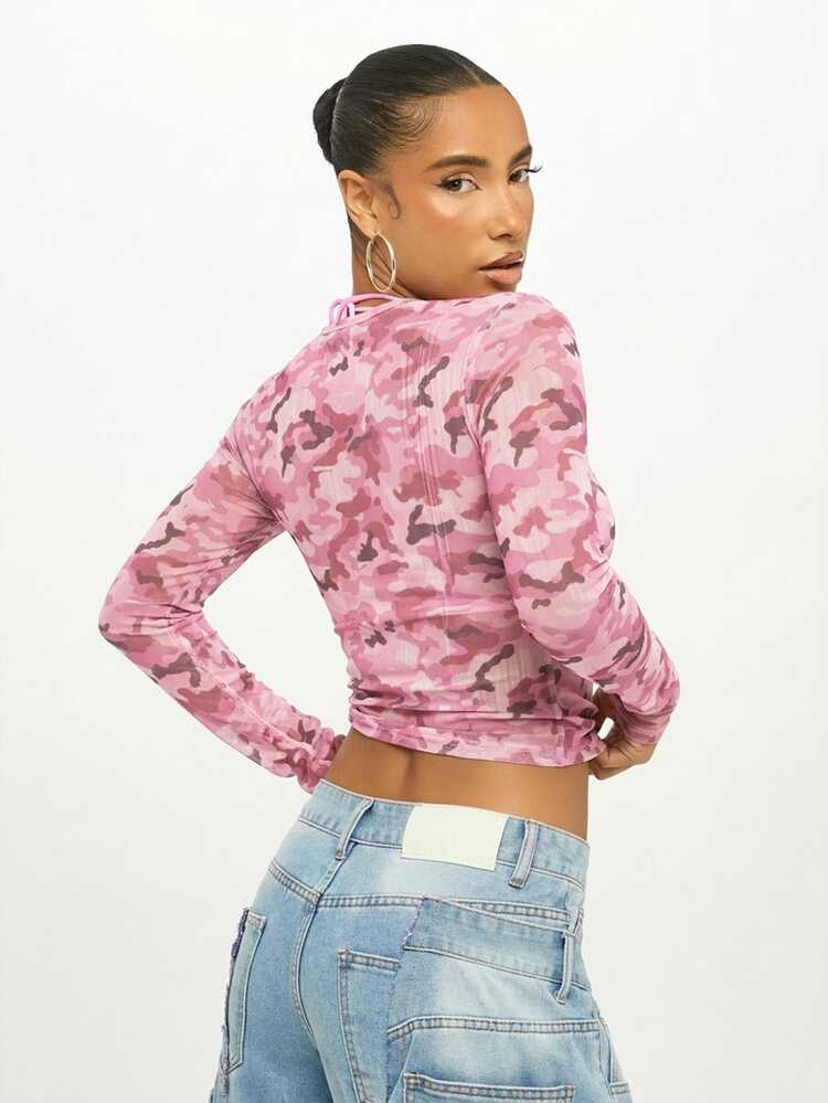 SUMWON WOMEN Women's Pink Camouflage Long Sleeve Mesh Top With Print Detail - Fitted Cropped Style For Casual Everyday Wear