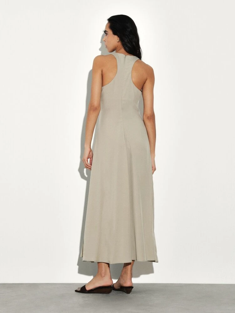 KSTM Damen ärmelloses Maxikleid mit rundem Ausschnitt, lässiges langes A-Linien Sommerkleid, fließend, knöchellang, Urlaubskleid für den Strand