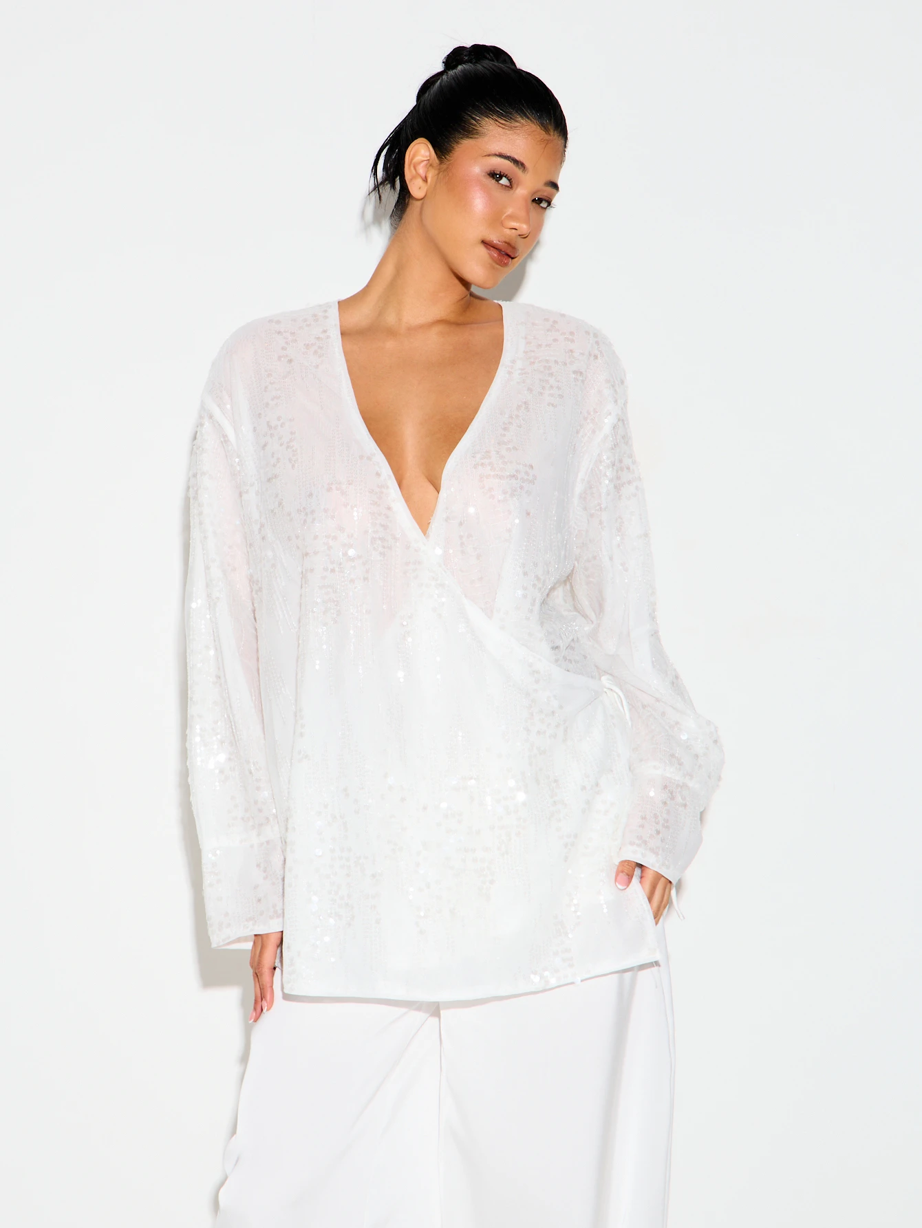 KIZN White Sequin Wrap Blouse With Deep V-Neck