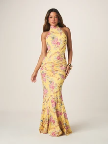 MISSGUIDED Vestido largo de noche de verano para invitada de boda, de corte sirena, con cuello halter, espalda abierta, fruncido y estampado floral amarillo - Multicolor - Ver 5