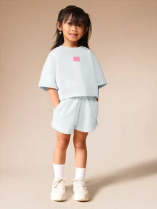 SUMWON Oversized Girls Two Piece T-Shirt And Shorts Set With AMORE Heart Print Summer Casual Lounge Outfit - Blue - View 2