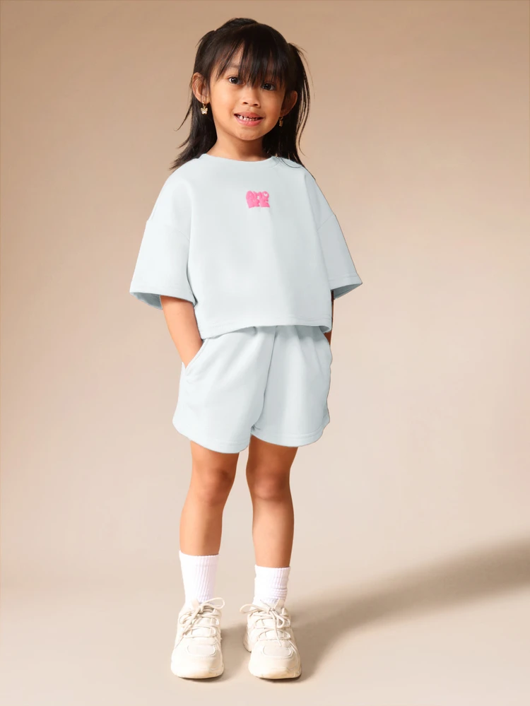 오버사이즈 걸 투피스 티셔츠 및 반바지 세트 AMORE 하트 프린트 여름 캐주얼 라운지 의상