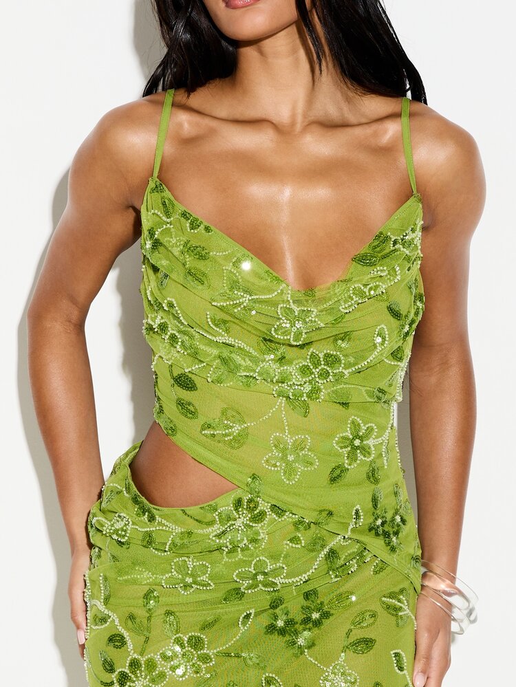 KIZN Womens Sequined Floral Embroidered Cowl Neck Spaghetti Strap Cutout Waist Maxi Dress Evening Party Formal Gown