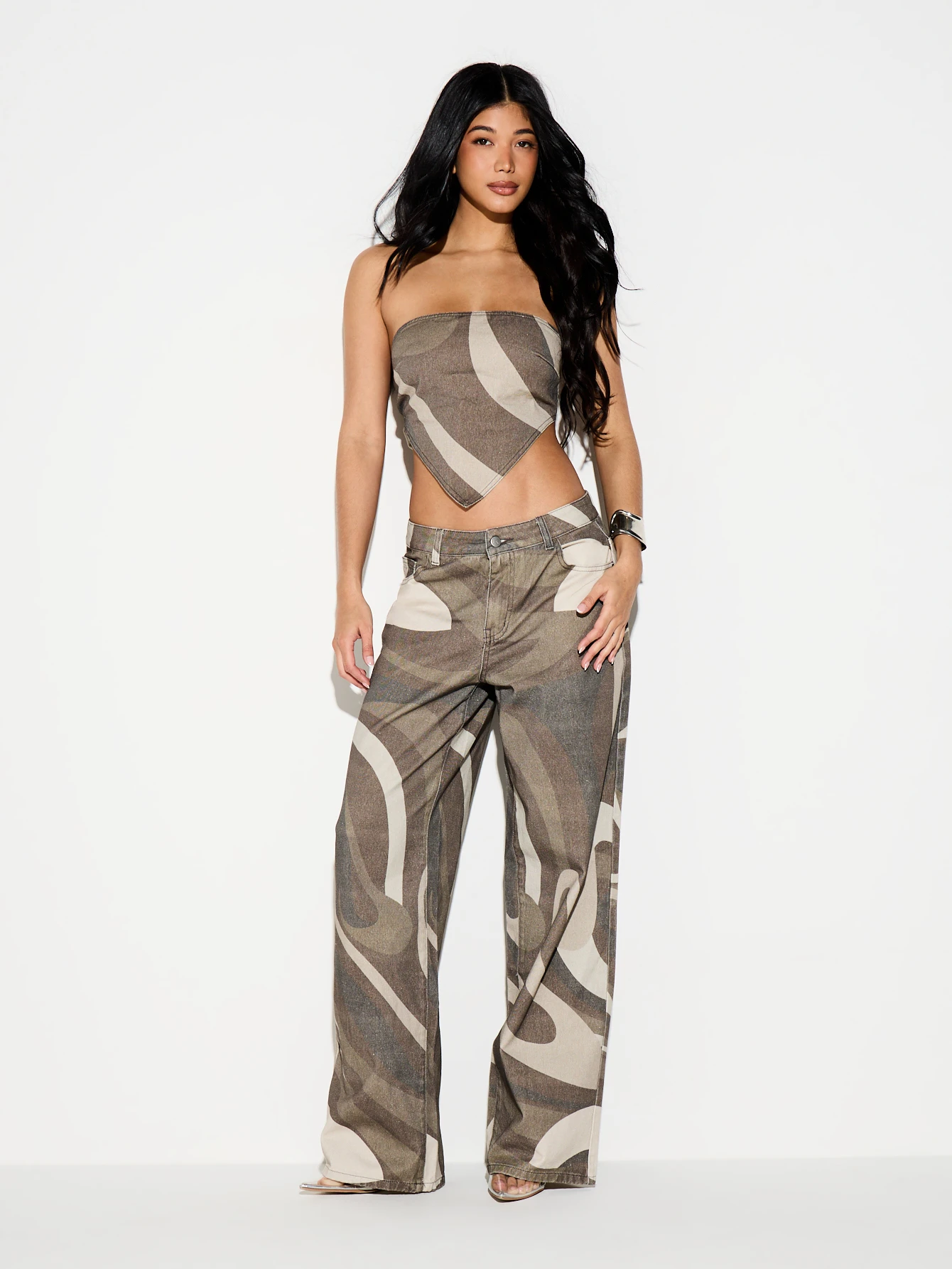 KIZN High Rise Swirl Print Wide Leg Denim Jeans