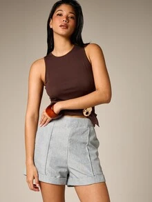 AiiRZ Quần short nữ cạp cao, ống gập, màu xám, chất liệu giả vải lanh, kiểu Bermuda, thích hợp mặc mùa hè. - Màu Xám nhạt - Xem 2