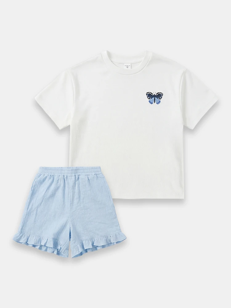 Dziewczęcy T-shirt z nadrukiem motyli i szortami z falbanką na dole, dwuczęściowy letni komplet z okrągłym dekoltem i krótkimi rękawami, jasnoniebieski, swobodny strój