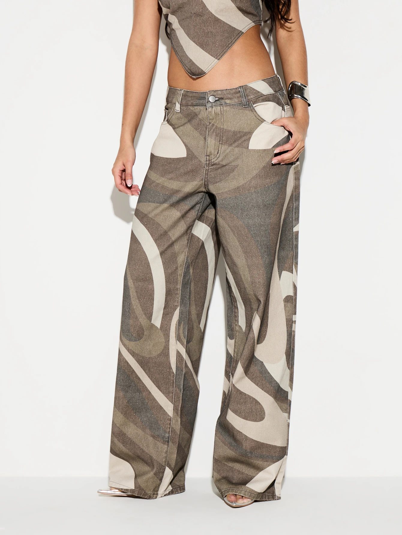 KIZN High Rise Swirl Print Wide Leg Denim Jeans