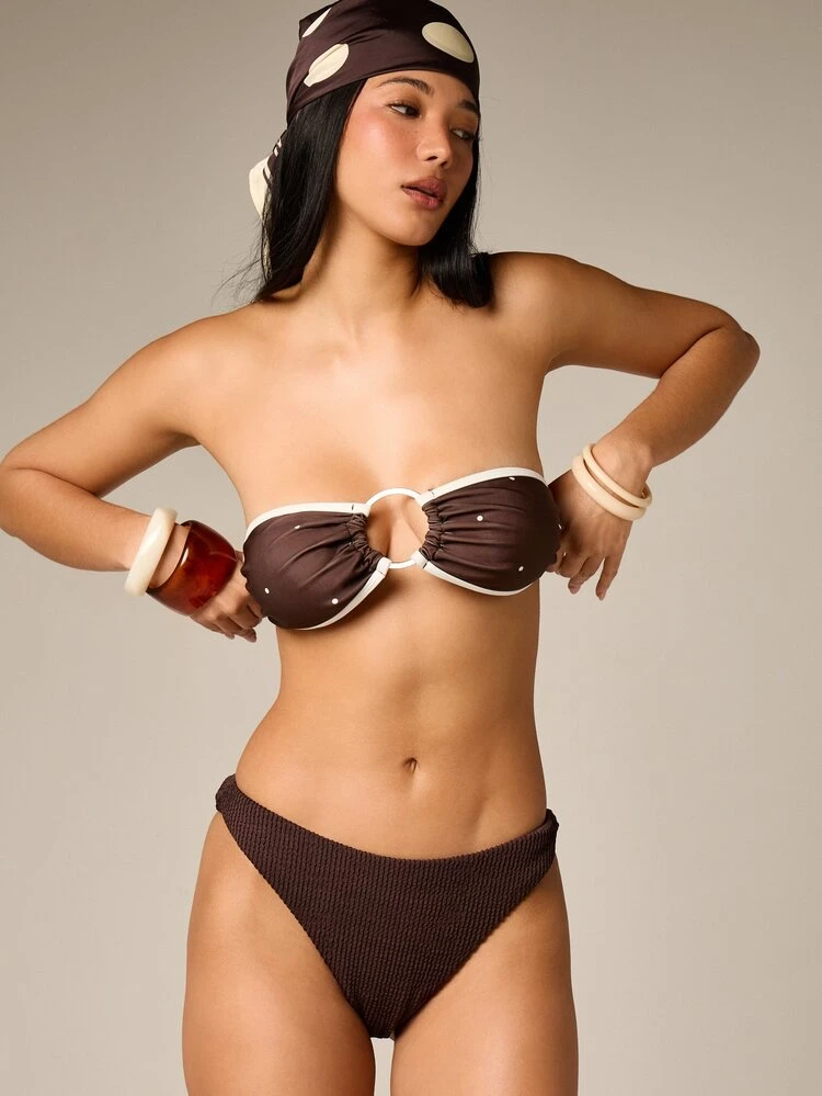 Contrast Edge Bandeau Bikini Top With Polka Dots