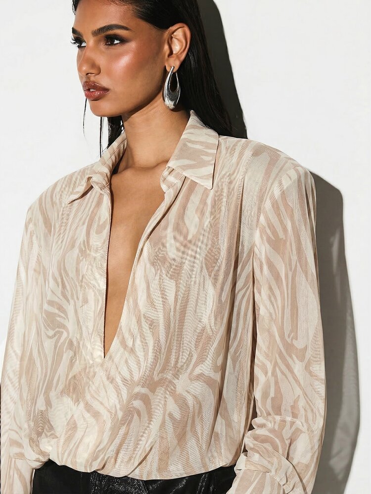 KIZN Mesh Sheer Bodysuit With Zebra Wood Pattern