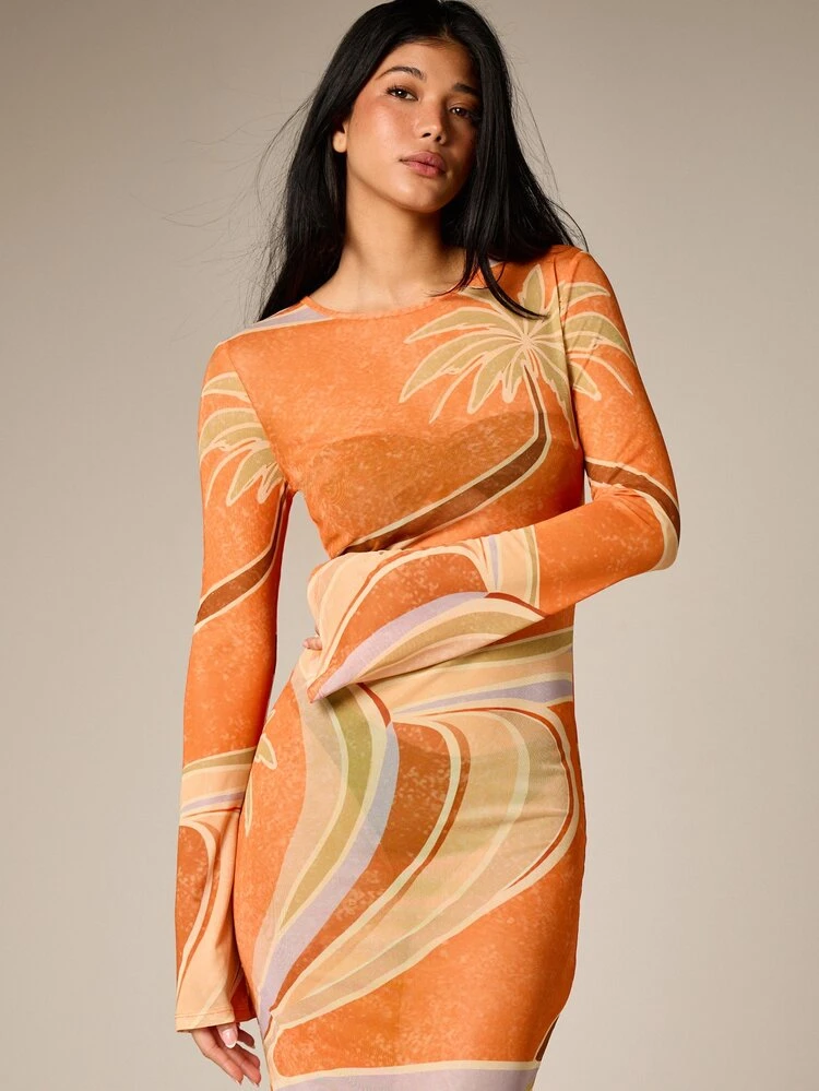 Tropical Palm Print Mesh Maxi Dress With Long Sleeves
