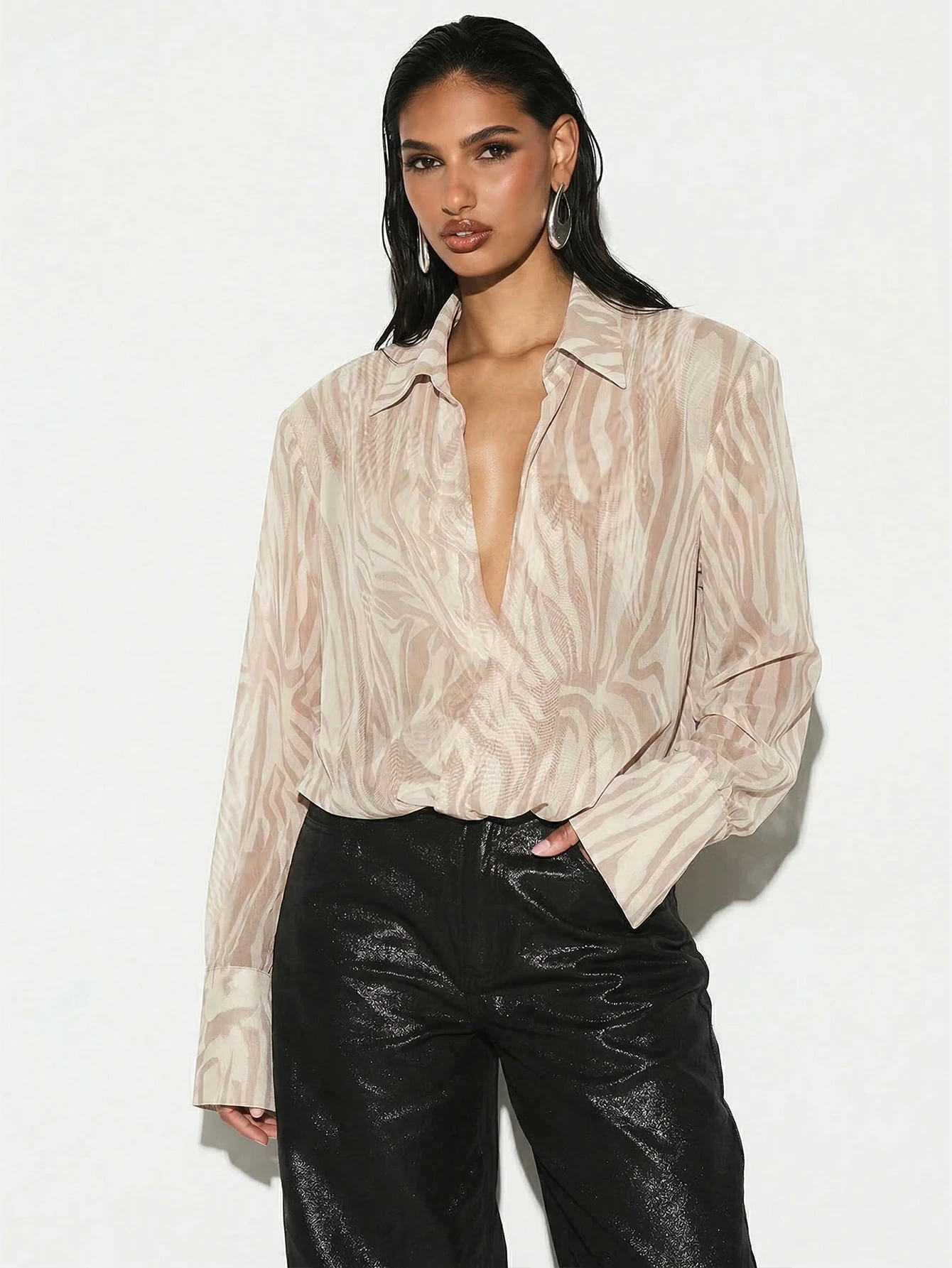 KIZN Mesh Sheer Bodysuit With Zebra Wood Pattern