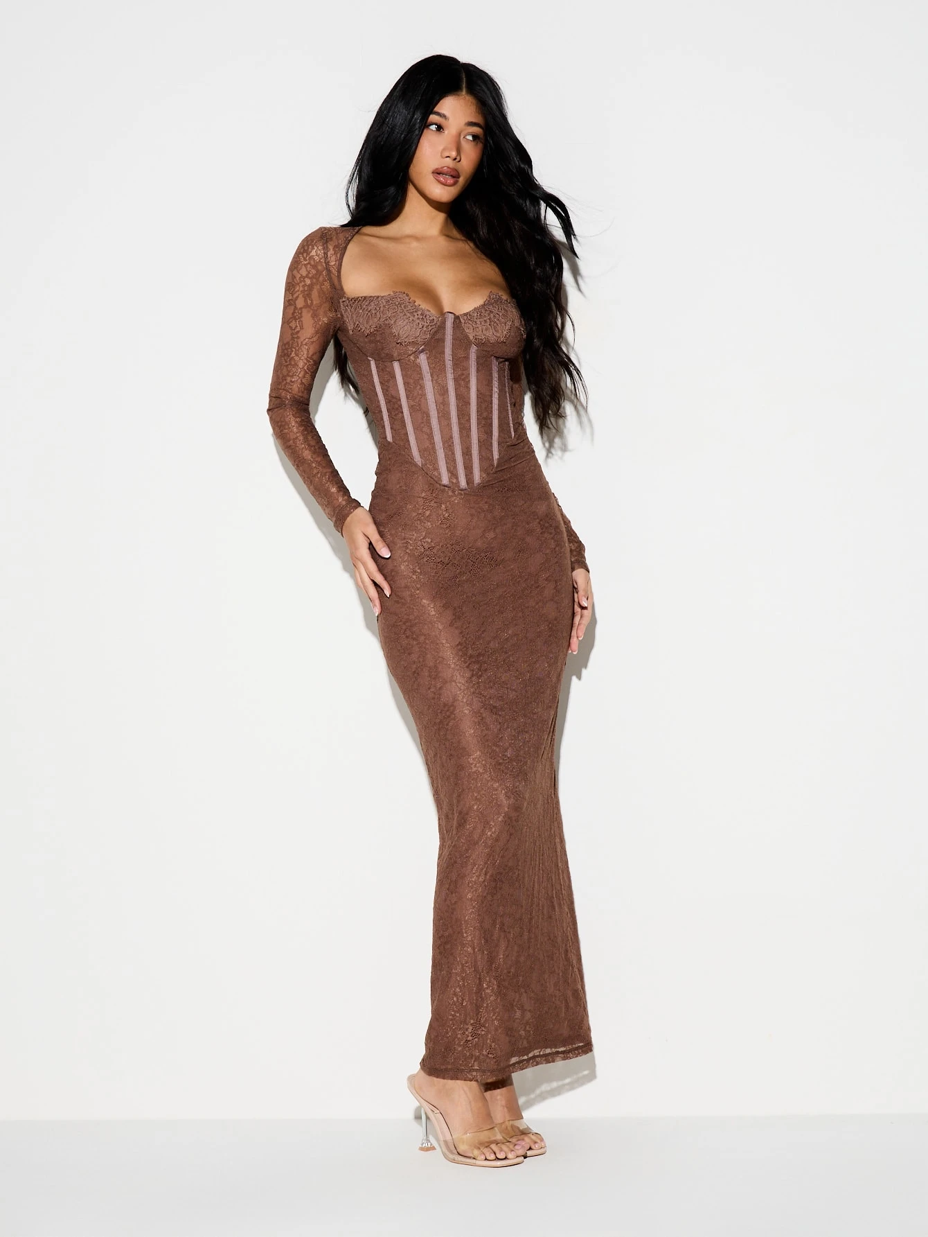KIZN Brown Lace Corset Style Long Sleeve Maxi Dress