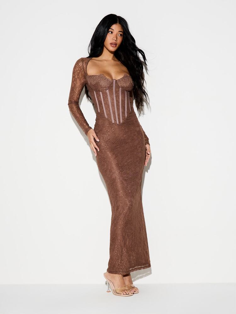 KIZN Brown Lace Corset Style Long Sleeve Maxi Dress