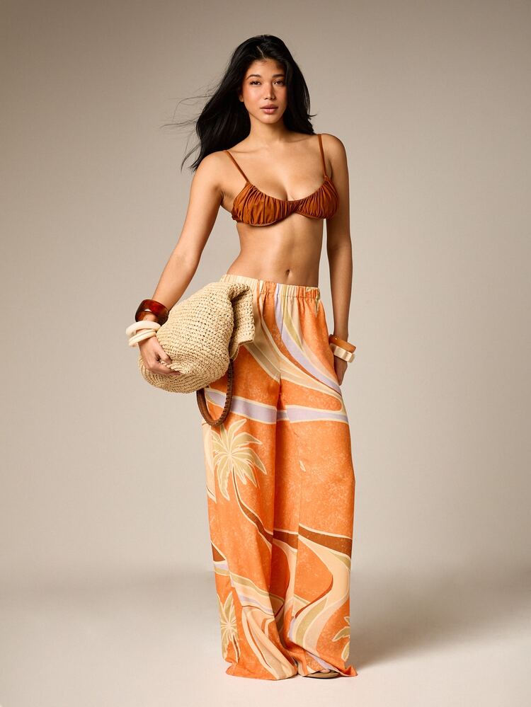 Orange Wide Leg Pants With Tropical Print