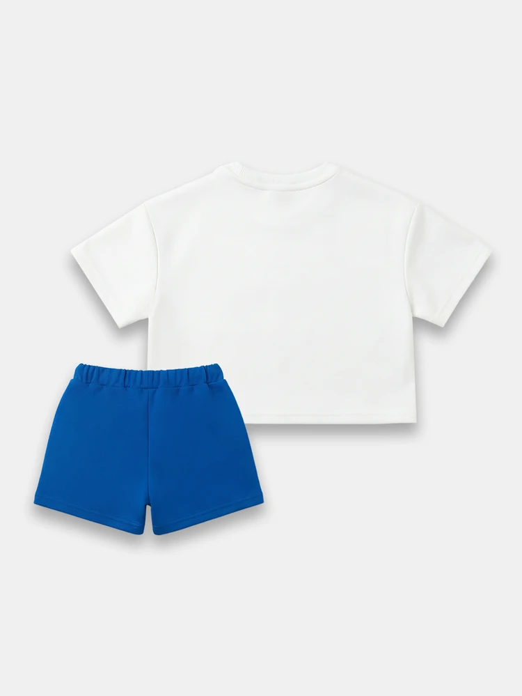 レモン柄クロップTシャツ&ショーツ カジュアル夏コーデセット 半袖 クルーネック ウエスト elastic