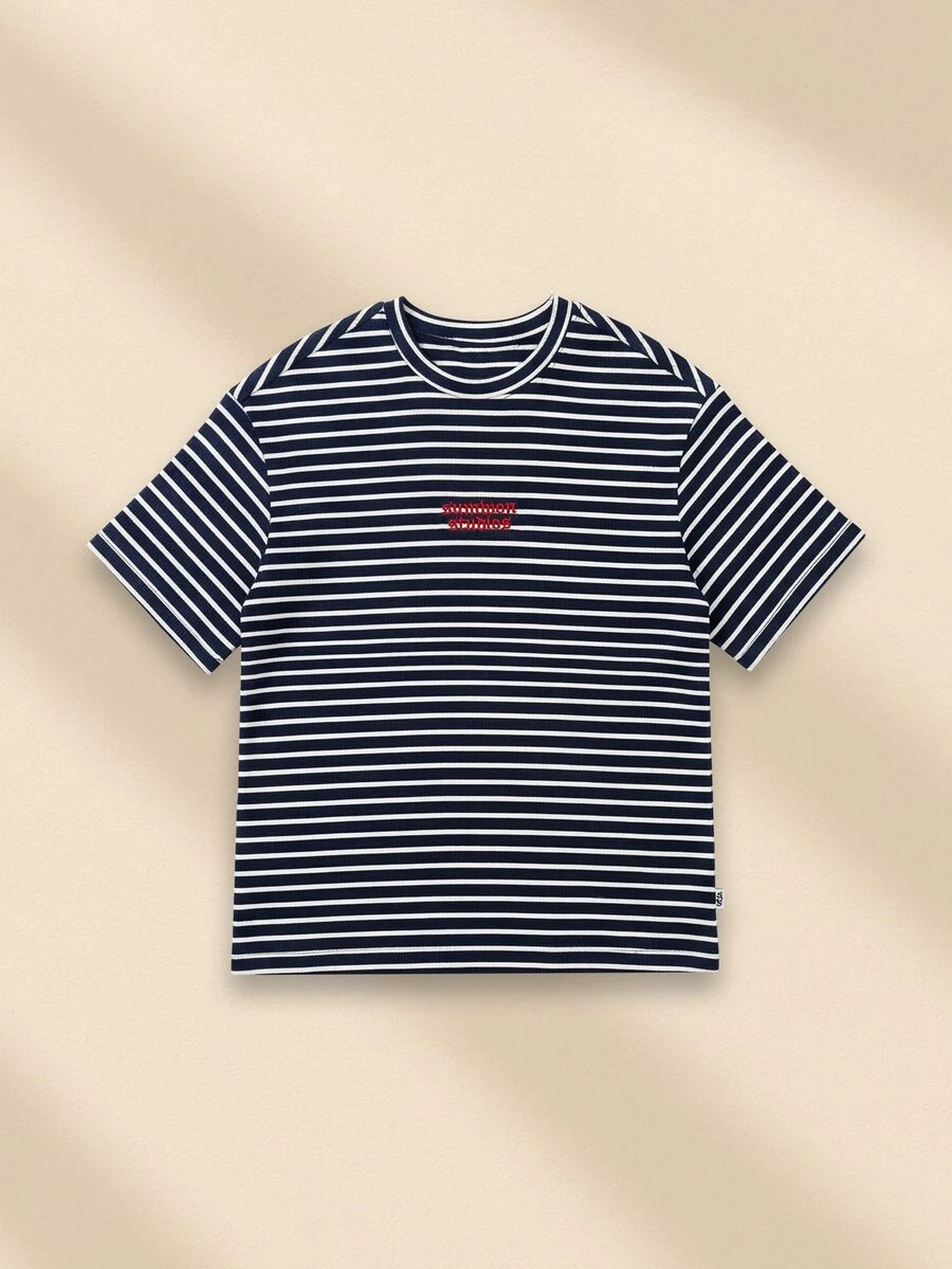 SUMWON Boys Oversized Striped T-Shirt With Short Sleeves Crew Neck Navy White Horizontal Stripes Casual Summer Tee - Blue - View 1