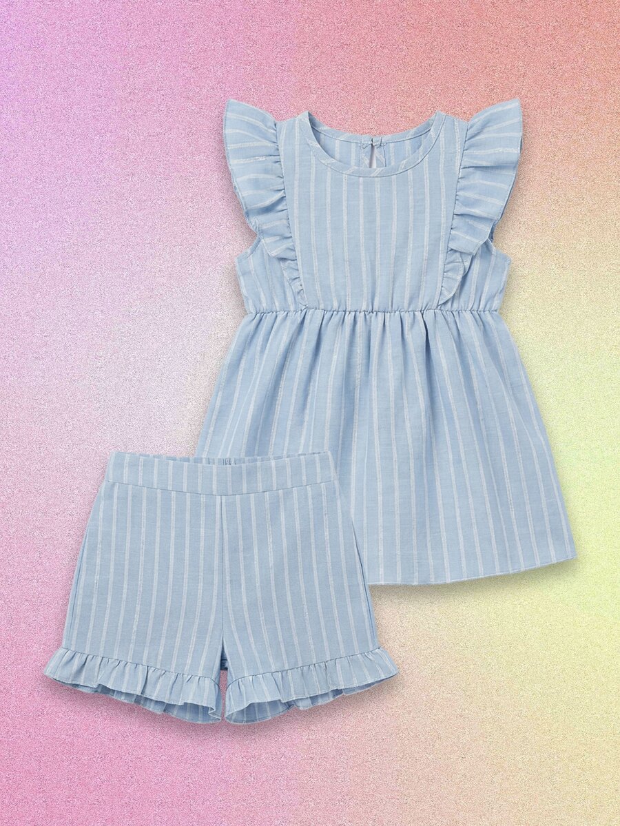 SUMWON Conjunto de top con peplum a rayas y pantalón corto para niñas, conjunto de verano de dos piezas con mangas y bajo con volantes - Celeste - Ver 1