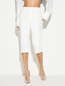 KIZN Women's White Tailored High Rise Cropped Capri Pants Office Business Casual Smart Elegant Straight Leg Professional Workwear Spring Summer - White - View 1