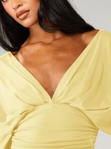 MISSGUIDED Wrap Front Ruched Detail Long Sleeve Crop Top Deep V Neck Twist Knot Blouse Fall Fashion Statement Piece - Light Yellow - View 6