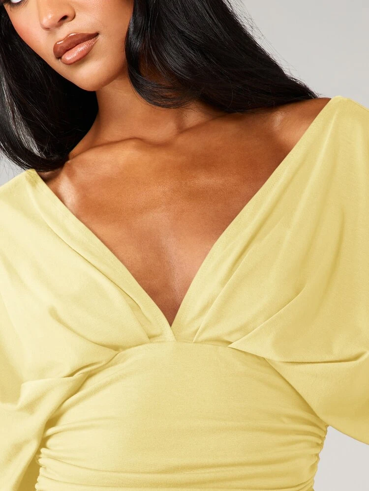 MISSGUIDED Vorderwickel Gerafftes Detail Langarm Crop Top Tiefer V-Ausschnitt Twist Knoten Bluse Herbst Mode Statement Piece