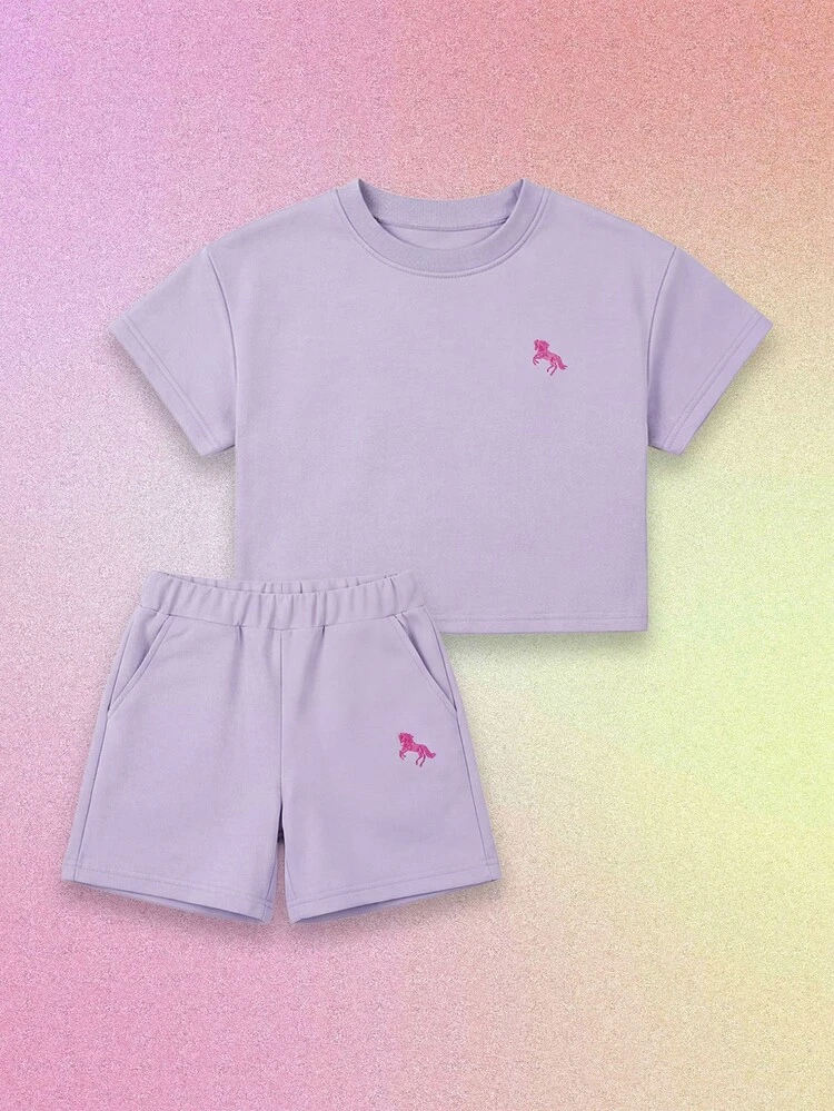 Girls Lavender Short Sleeve T-Shirt And Matching Shorts Set With Pink Pony Embroidery Detail Crew Neck Summer Casual Co-Ord Two Piece Outfit