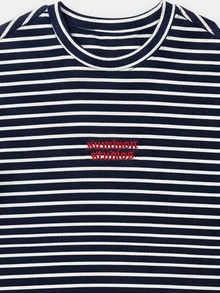 SUMWON Boys Oversized Striped T-Shirt With Short Sleeves Crew Neck Navy White Horizontal Stripes Casual Summer Tee - Blue - View 3
