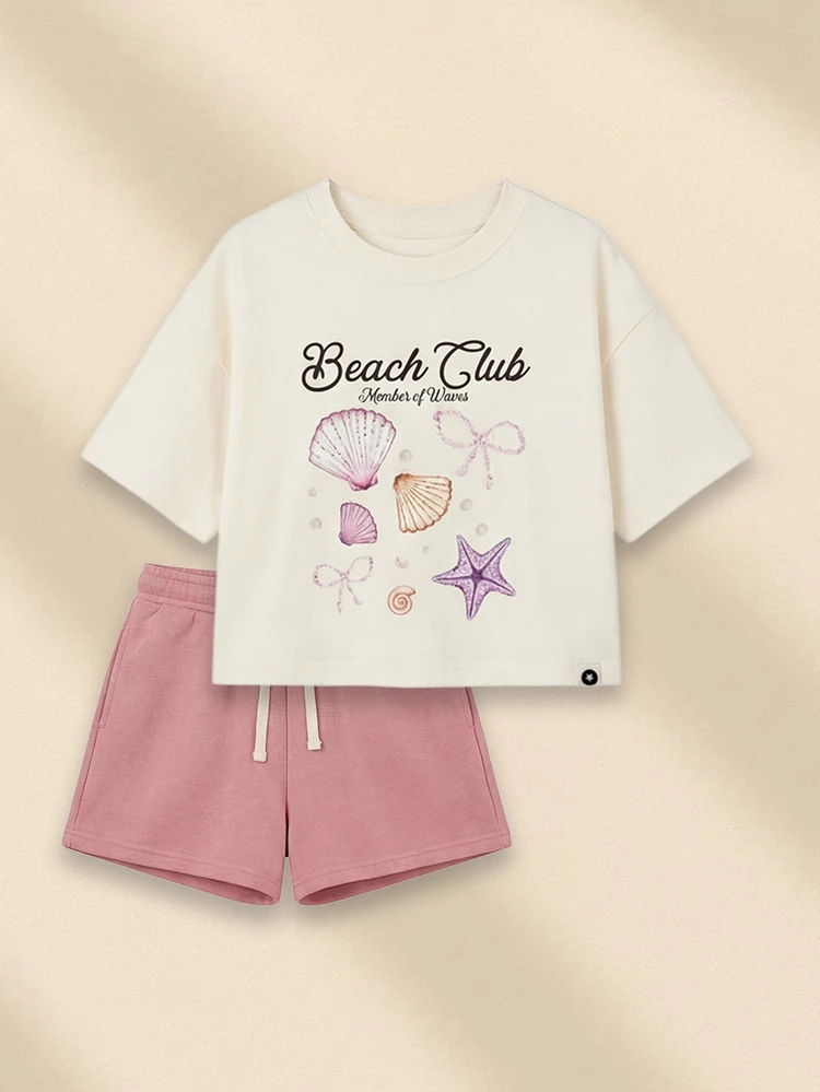 ビーチクラブ貝殻プリントクルーネック半袖Tシャツと伸縮ウエストショーツ夏のコーデセット(ガールズ用)