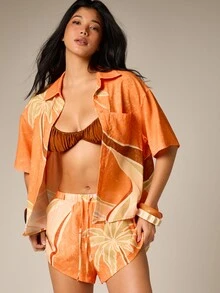 AiiRZ Áo sơ mi nữ tay ngắn cổ bẻ in họa tiết lá cọ nhiệt đới, kiểu dáng Hawaii, thích hợp cho kỳ nghỉ hè. - Nhiều màu - Xem 5