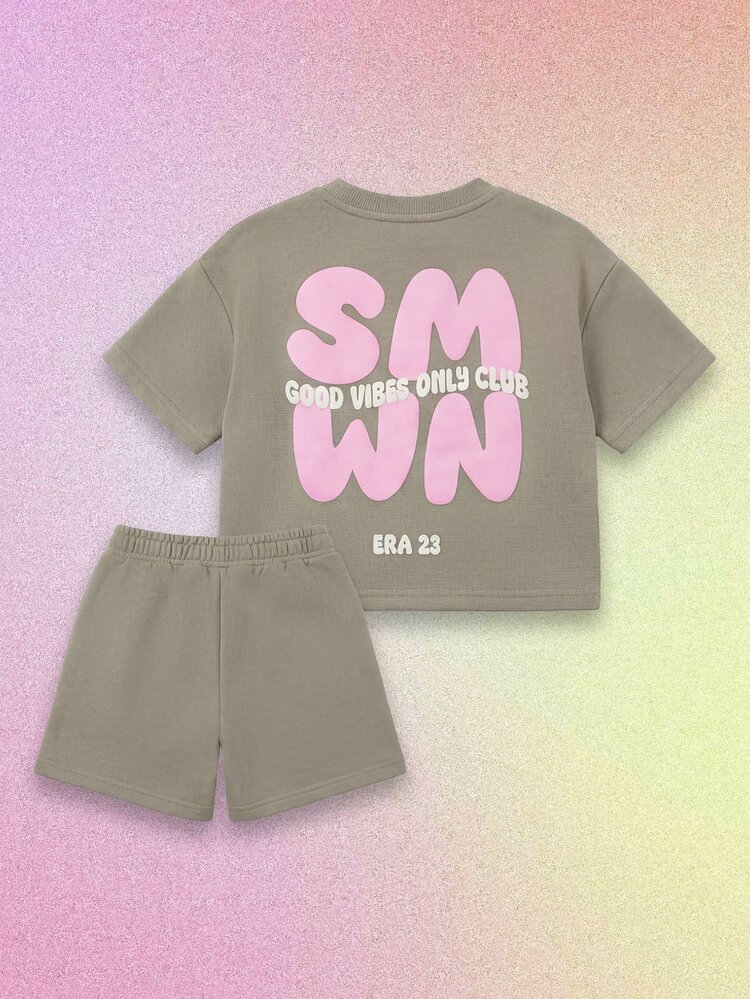 Oversized Sage Green T-Shirt And Shorts Co-Ord Set With Pink Text Print Good Vibes Only Club Era 23 Girls Casual Summer Outfit