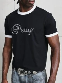 SUMWON Men's Rhinestone Petty Script Crew Neck Black Ringer T-Shirt With White Contrast Trim Short Sleeve Casual Streetwear Top - Black and White - View 5