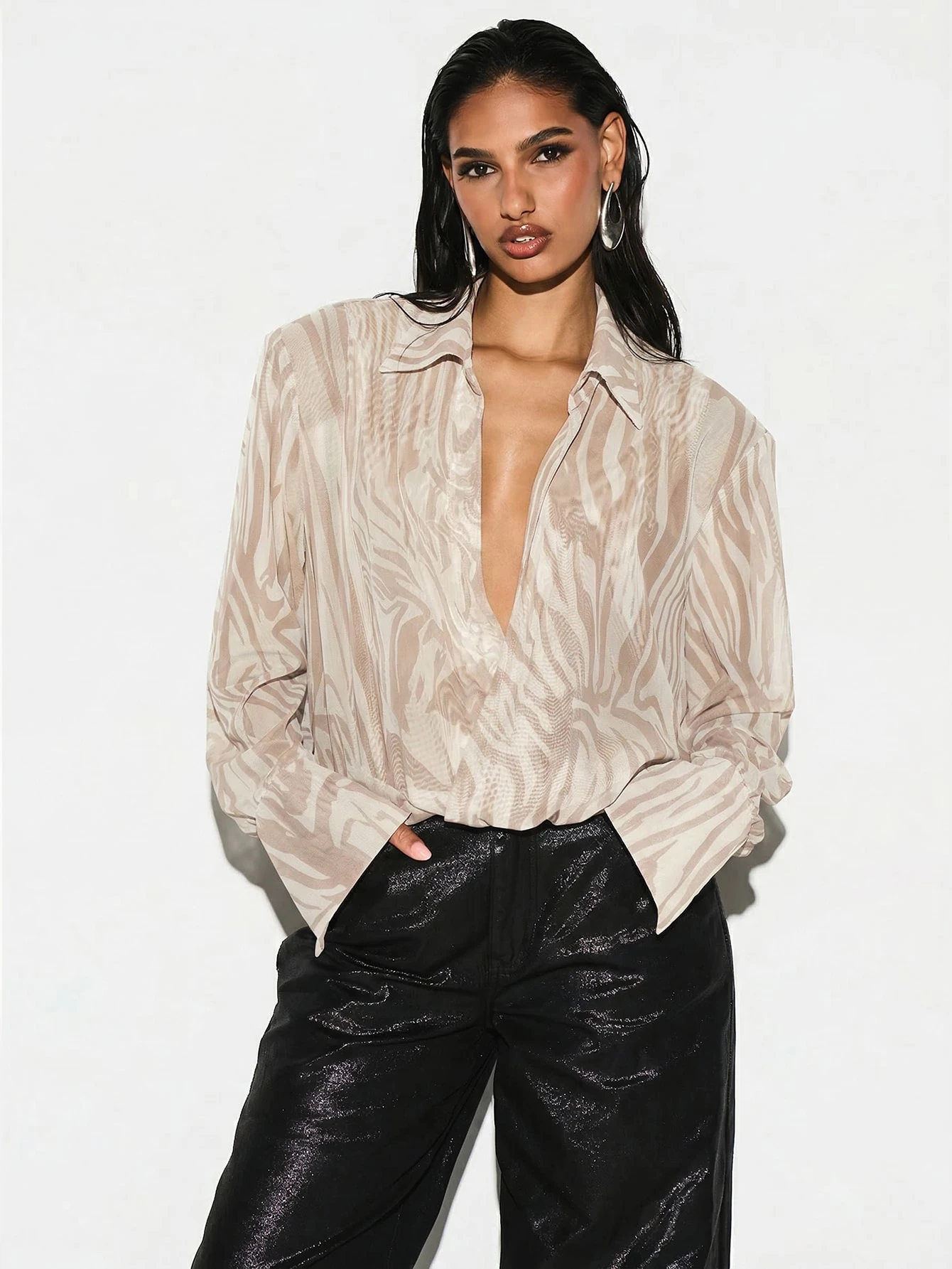 KIZN Mesh Sheer Bodysuit With Zebra Wood Pattern