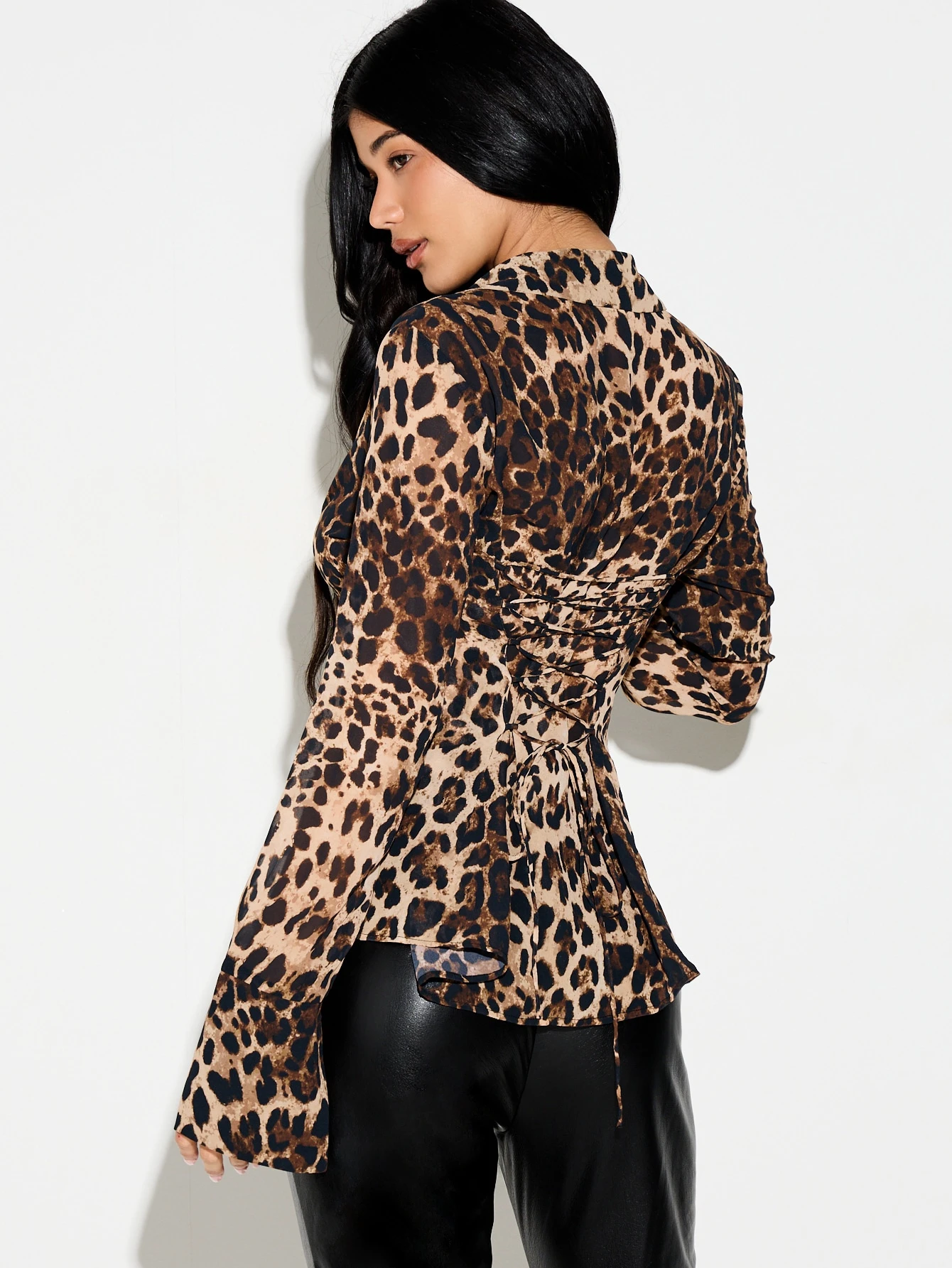KIZN Chiffon Leopard Print Button Cinched Blouse