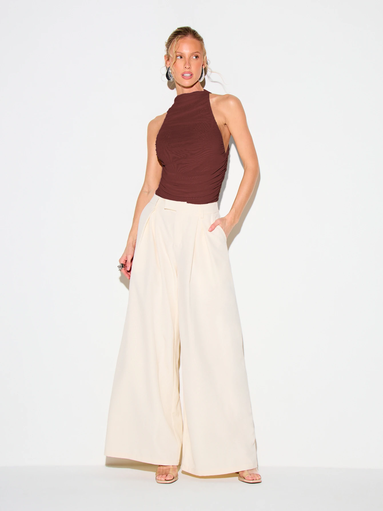KIZN Mesh High Neck Sleeveless Bodysuit With Ruched Detail