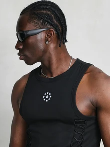 SUMWON Men's Black Lace Up Sleeveless Tank Vest With Star Logo And Side Corset Detail For Streetwear Fashion - Black - View 4