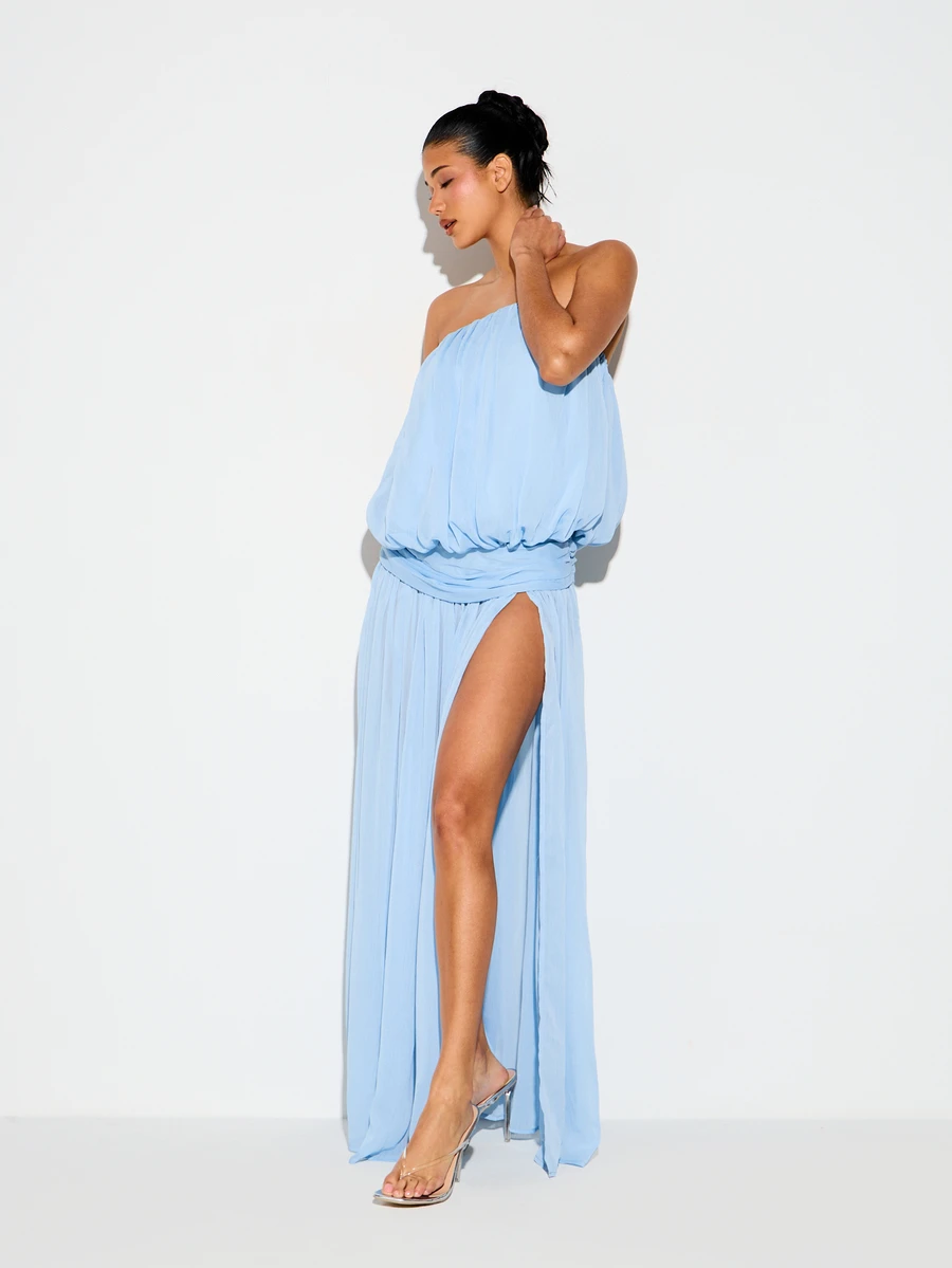 KIZN Light Blue Strapless Bandeau Maxi Dress With Bubble Hem Ruched Waist Side Slit Summer Wedding Guest Evening - Baby Blue - View 1