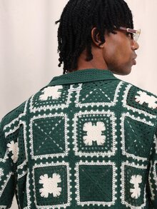 SUMWON Áo khoác cardigan nam móc len tay ngắn cài nút màu xanh trắng họa tiết hoa vuông kiểu bà ngoại, áo sơ mi thường ngày đi nghỉ mát mùa hè, đi biển, dáng regular fit - màu xanh lá - Xem 5