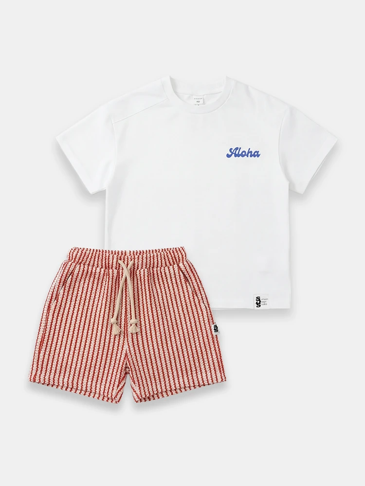 Boys Aloha Tropical Summer Crew Neck Short Sleeve T-Shirt And Striped Shorts Co-Ord Set Beach Vacation Casual Wear