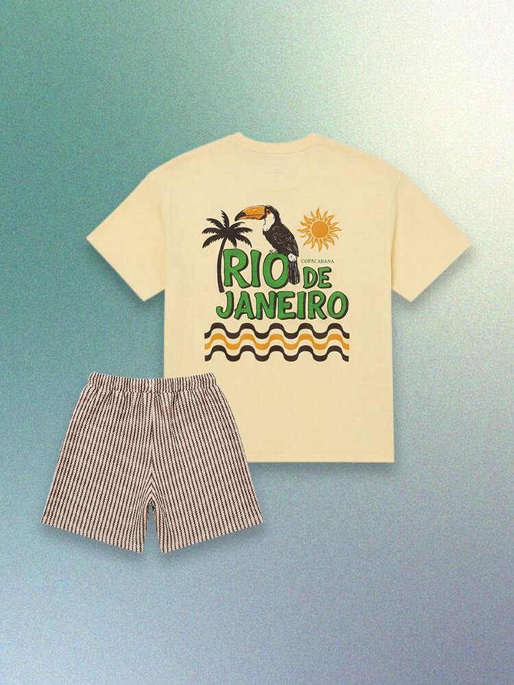 Tween Boys Rio De Janeiro Copacabana Toucan Palm Tree Crew Neck Short Sleeve T-Shirt Striped Shorts Summer Beach Vacation Set