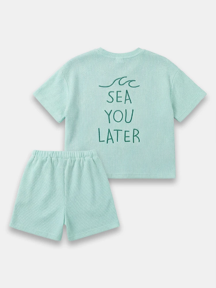 Boys Mint Green Waffle Knit Beach Days Short Sleeve T-Shirt And Shorts Summer Co-Ord Set With Sea You Later Text