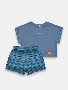 SUMWON Girls Summer Seahorse Print T-Shirt And Striped Shorts Co-Ord Set Casual Outfit - Blue - View 2