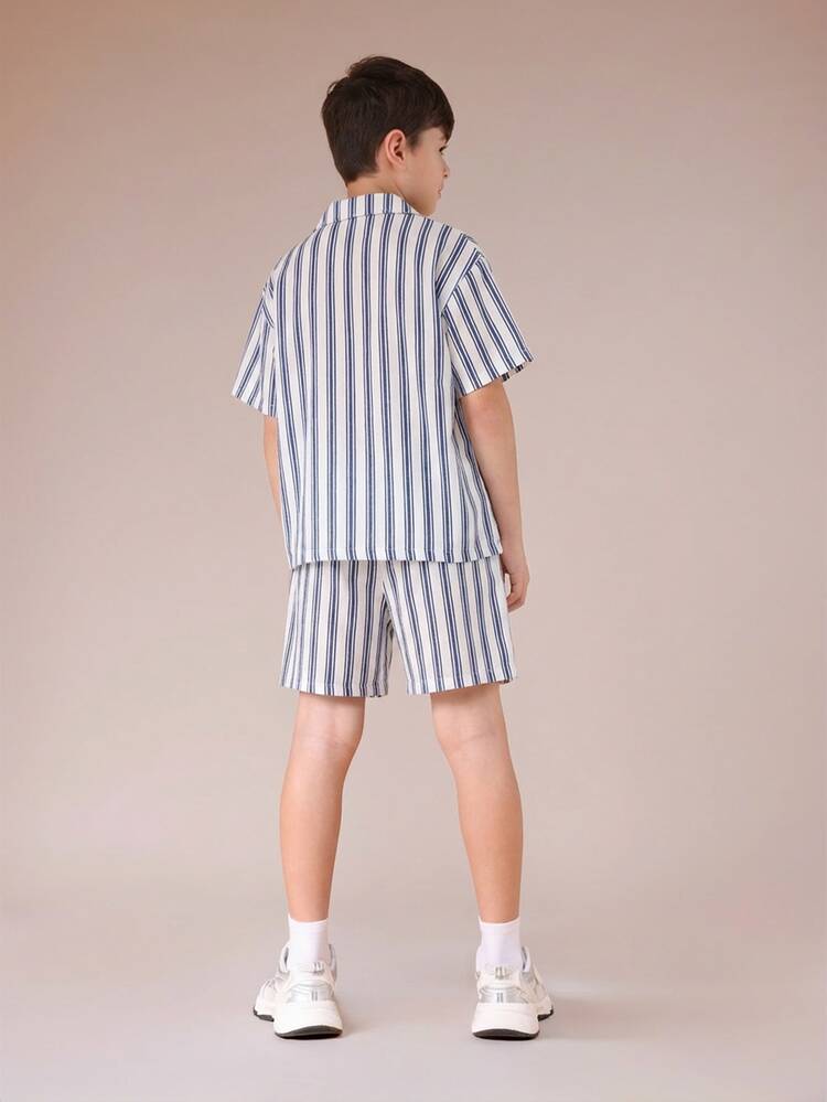 Boys Striped Textured Shirt And Shorts Co-Ord Set Summer Casual Tween Matching Short Sleeve Collar Outfit