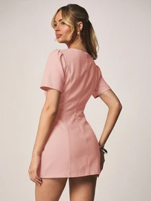 MISSGUIDED Structured Short Sleeve Boat Neck Mini Dress With Puff Shoulders Office Party Elegant Feminine Spring Summer - Pink - View 2