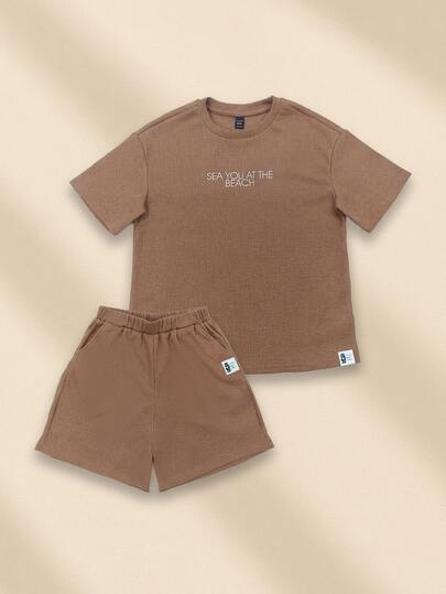 SUMWON 男童华夫格针织短袖T恤和短裤套装，印有“Sea You At The Beach”字样，圆领休闲夏季两件套