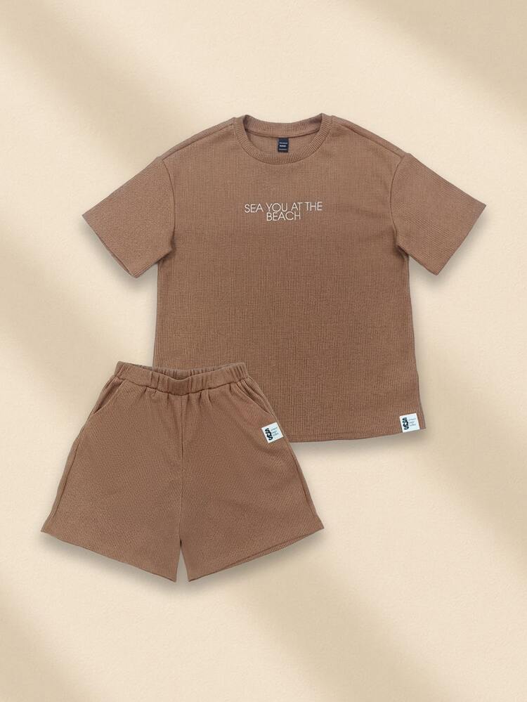 Boys Waffle Knit Short Sleeve T-Shirt And Shorts Set With Sea You At The Beach Text Print Crew Neck Casual Summer Wear Two Piece Outfit