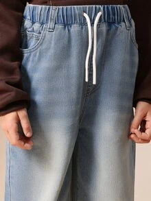 SUMWON Pantalones vaqueros de pierna ancha con dobladillo dividido para niños, lavado claro, cintura elástica, ajuste relajado, pantalones de mezclilla casuales para la escuela y uso diario - Azul - Ver 6