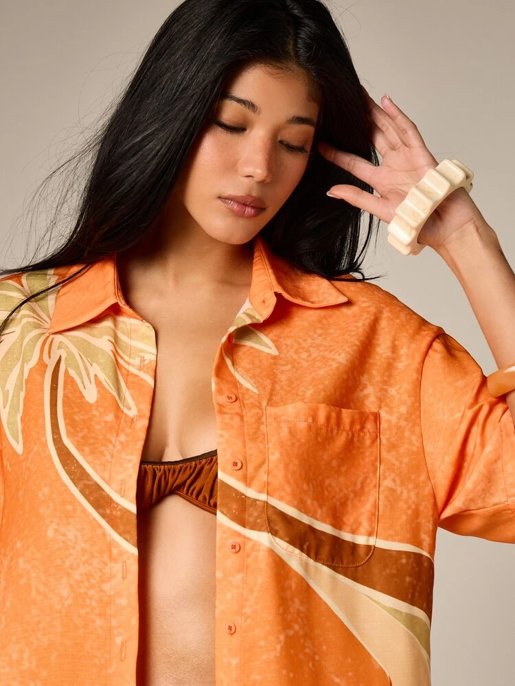 Tropical Palm Print Collared Blouse