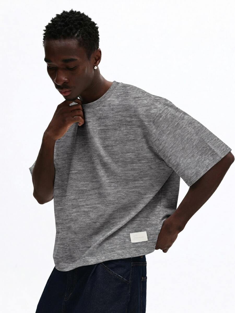 SUMWON Men's Heather Grey Essential Crew Neck Short Sleeve T-Shirt With Script Patch Detail Relaxed Fit Casual Everyday Cotton Tee - Grey - View 1