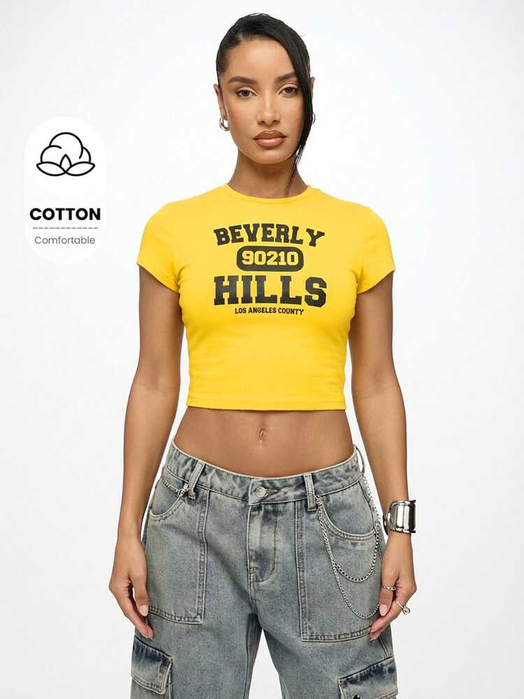 SUMWON Women Graphic Tee 90210 Los Angeles County Yellow Cotton Short Sleeve Crop Top Vintage Slogan Print