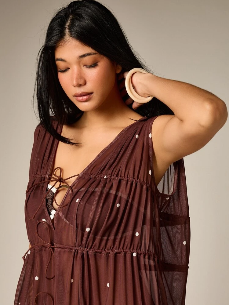 Polka Dot Lace Up V-Neck Mini Dress
