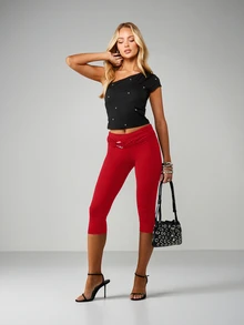 MISSGUIDED Quần legging lửng màu đỏ dành cho nữ, điểm nhấn là khóa kim loại màu vàng, kiểu dáng cạp trung bình, thích hợp cho mùa xuân hè. - Đỏ - Xem 3